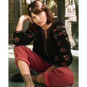 The Great. Passage Moonflower Embroidered Blouse Top Black Vintage S-1 279914